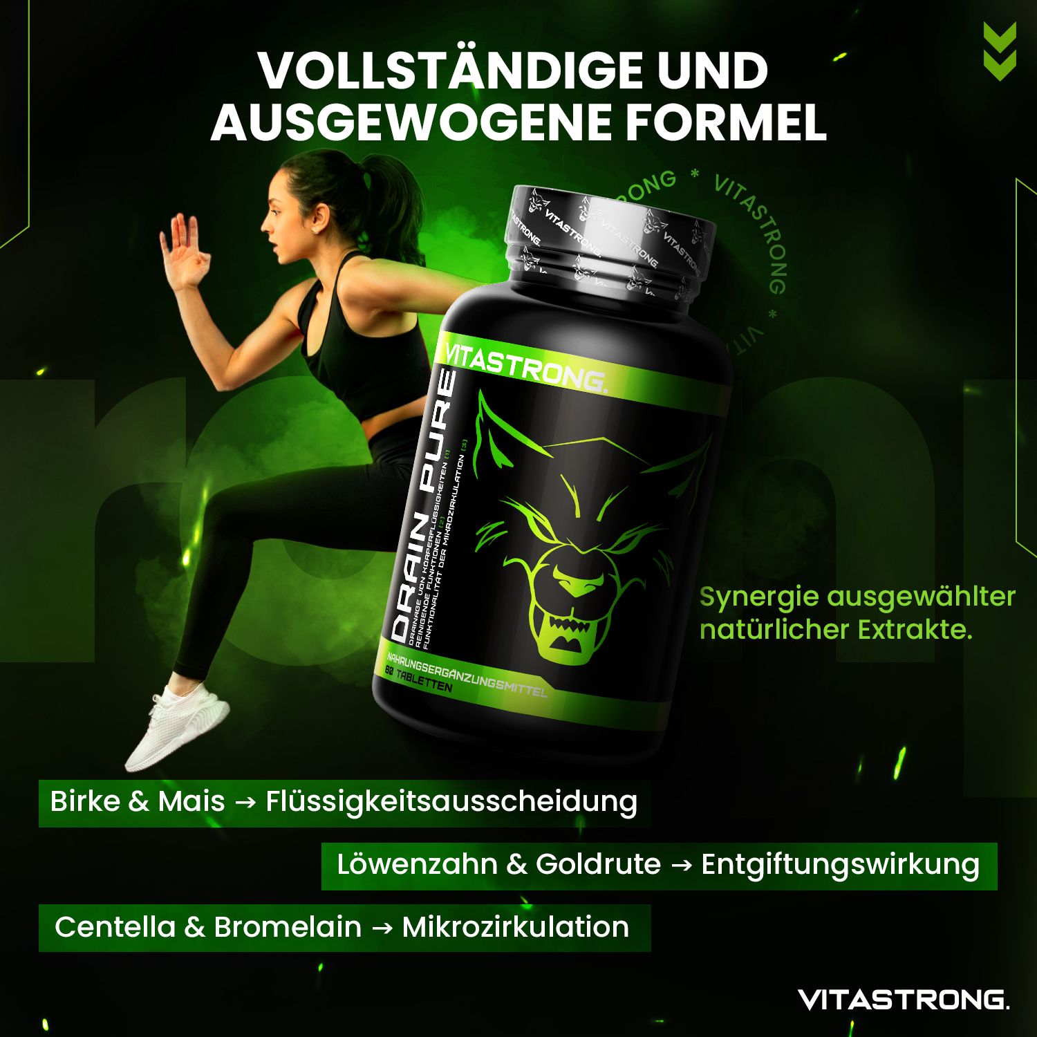 Schwarze Dose mit grünem Etikett und Wolfskopf-Logo. Eine Frau in Sportkleidung läuft im Hintergrund.