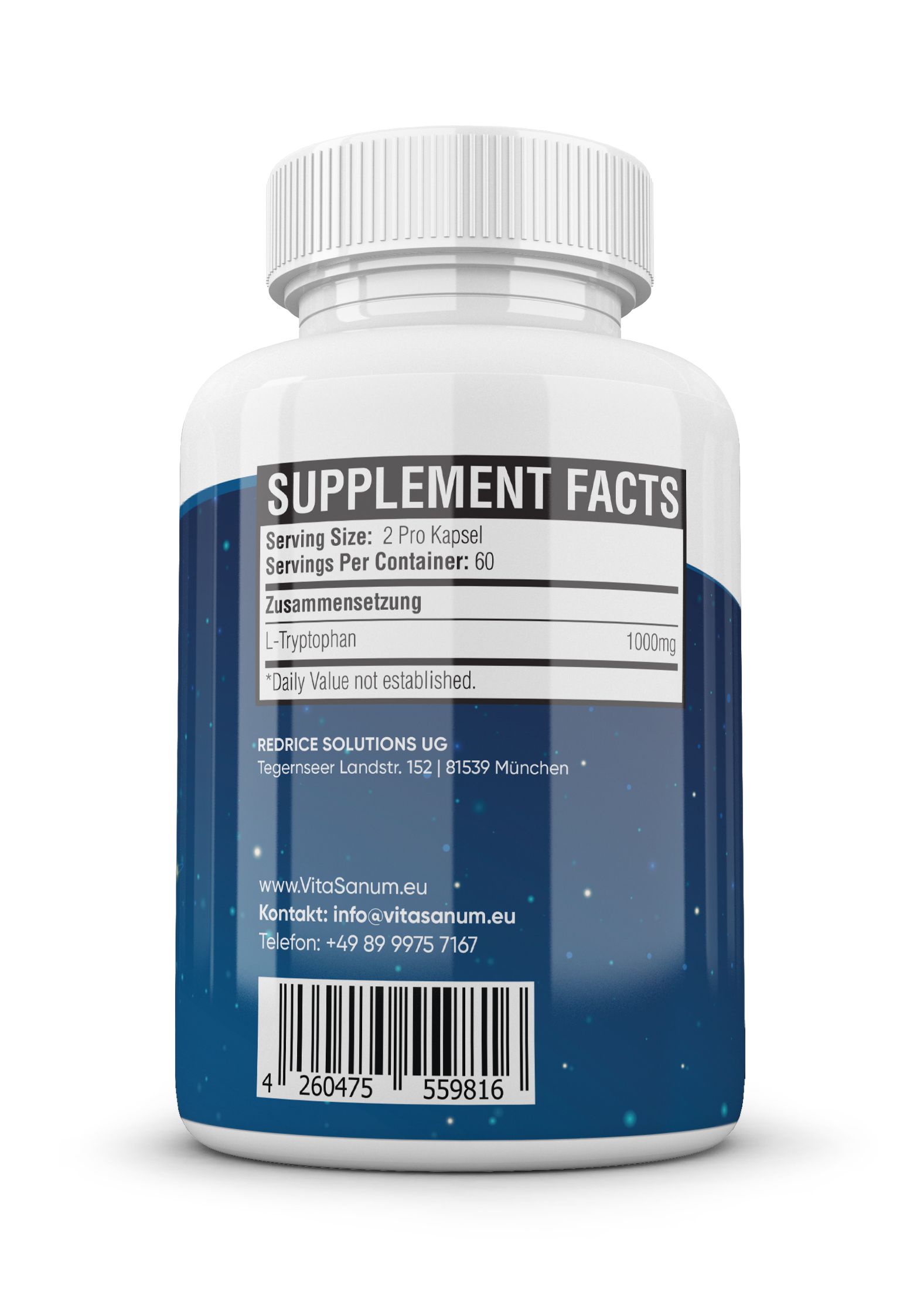 Rückseite einer weißen Flasche mit blauem Etikett. Text: Supplement Facts, L-Tryptophan, Dosierung, Inhaltsstoffe. Barcode und Kontaktinformationen.