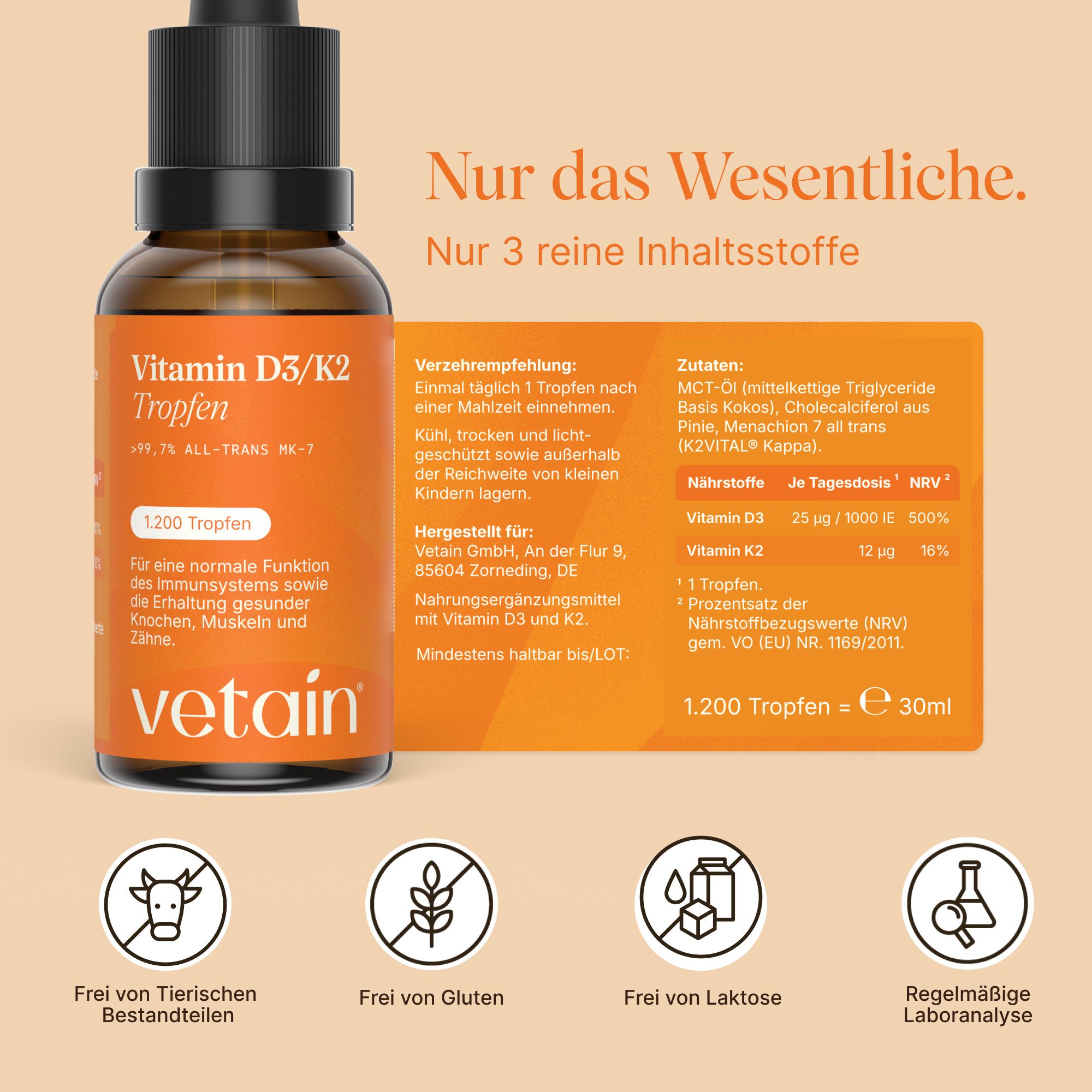 Vetain Vitamin D3/K2 Tropfen Flasche neben einem Informationsblatt mit Inhaltsstoffen und Dosierung.