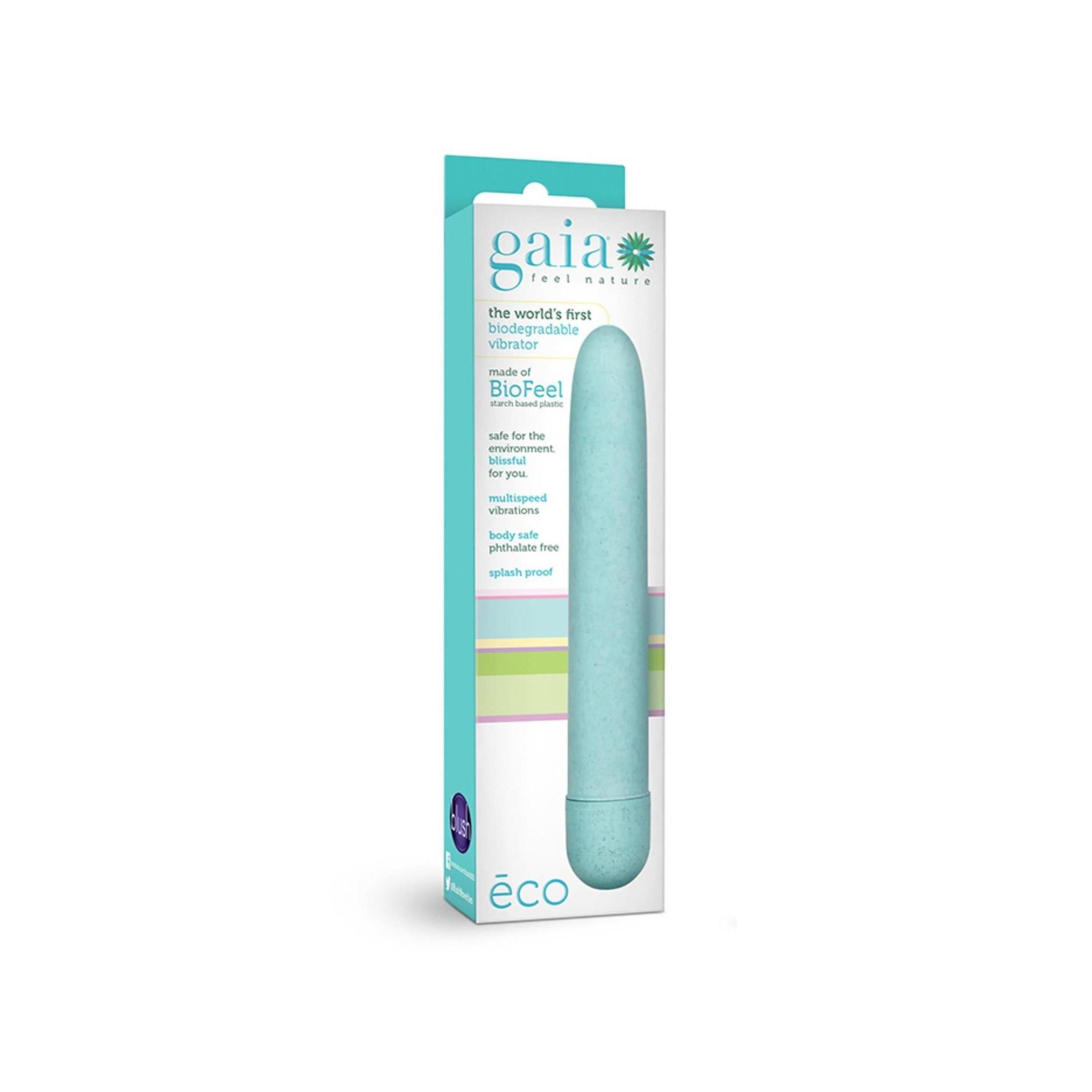 Verpackung mit hellblauem Vibrator. Marke 'Gaia'. Text: 'The world's first biodegradable vibrator'.