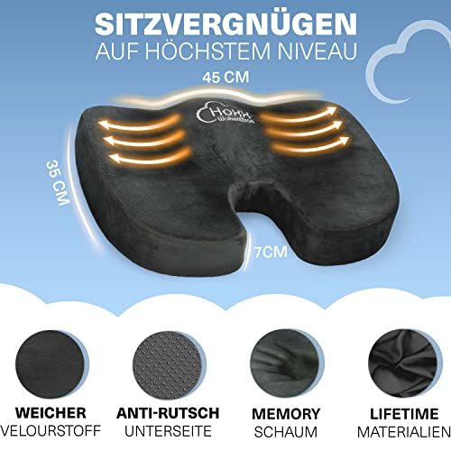 Schwarzes Hoxx Wolkenthron-Kissen. Maße: 45x35x7 cm. Text: Weicher Veloursstoff, Anti-Rutsch-Unterseite, Memory-Schaum, Lifetime-Materialien.