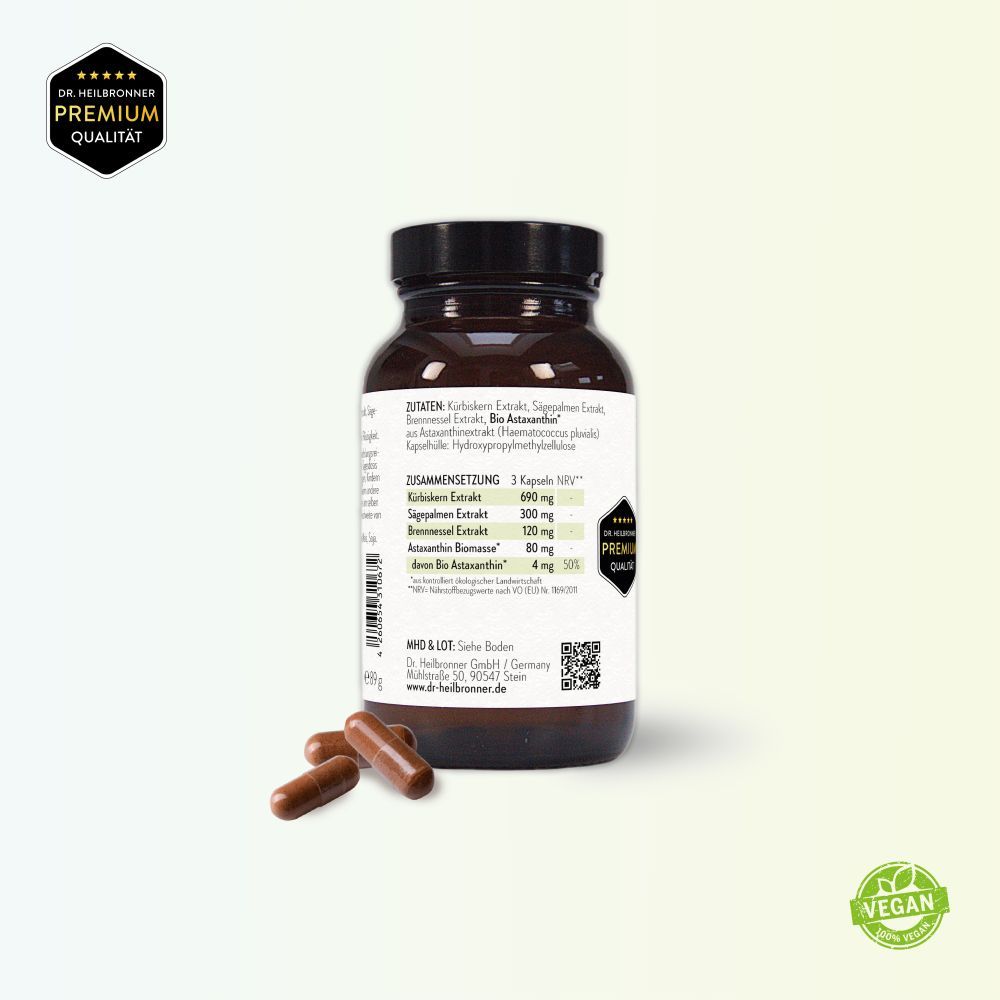 Rückseite der braunen Glasflasche mit Astaxanthin FOR MEN Kapseln. Zutatenliste, Inhaltsstoffe, Herstellerinformationen. Vegan-Siegel.