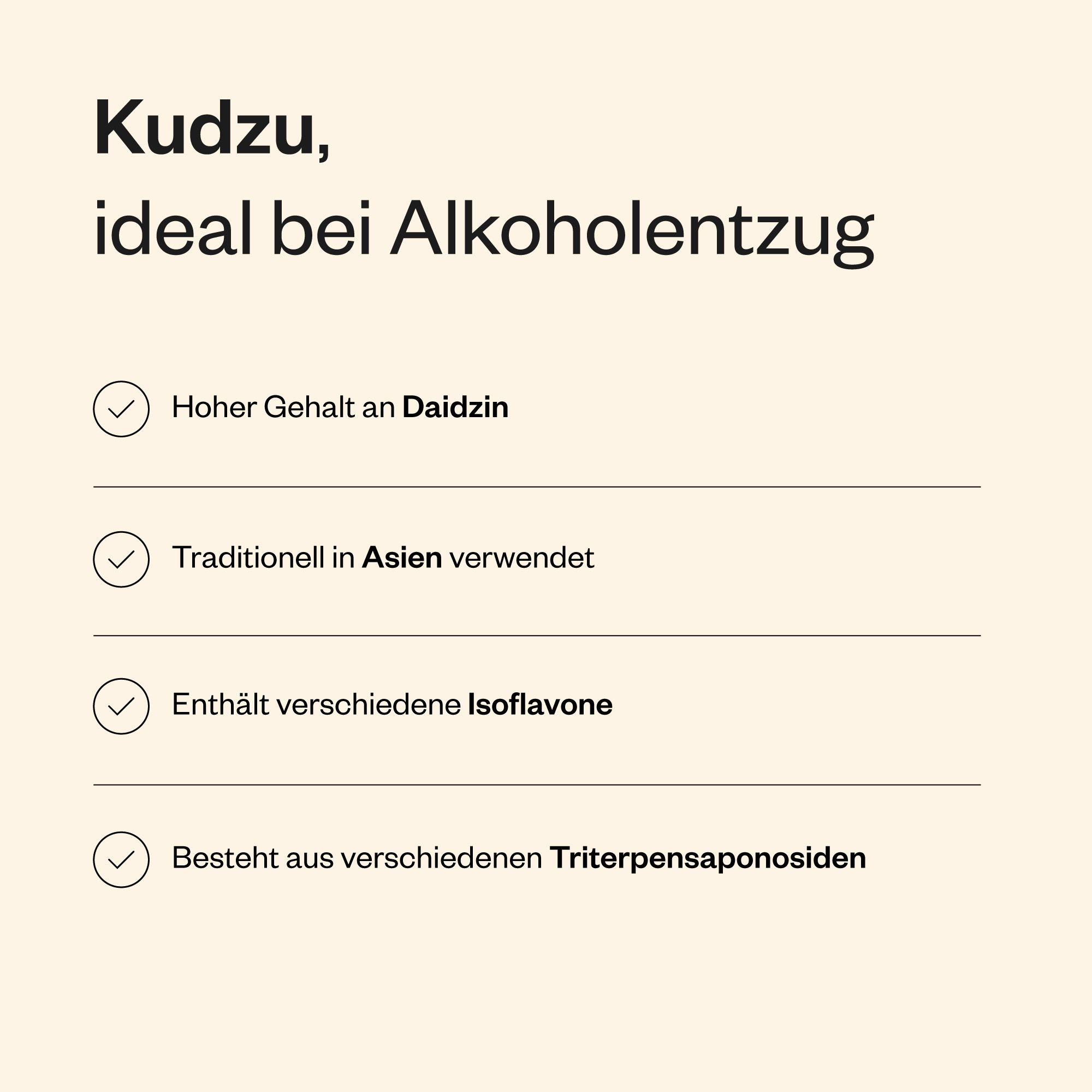 Infografik mit Text: Hoher Gehalt an Daidzin, traditionell in Asien verwendet, enthält Isoflavone, besteht aus Triterpensaponosiden.