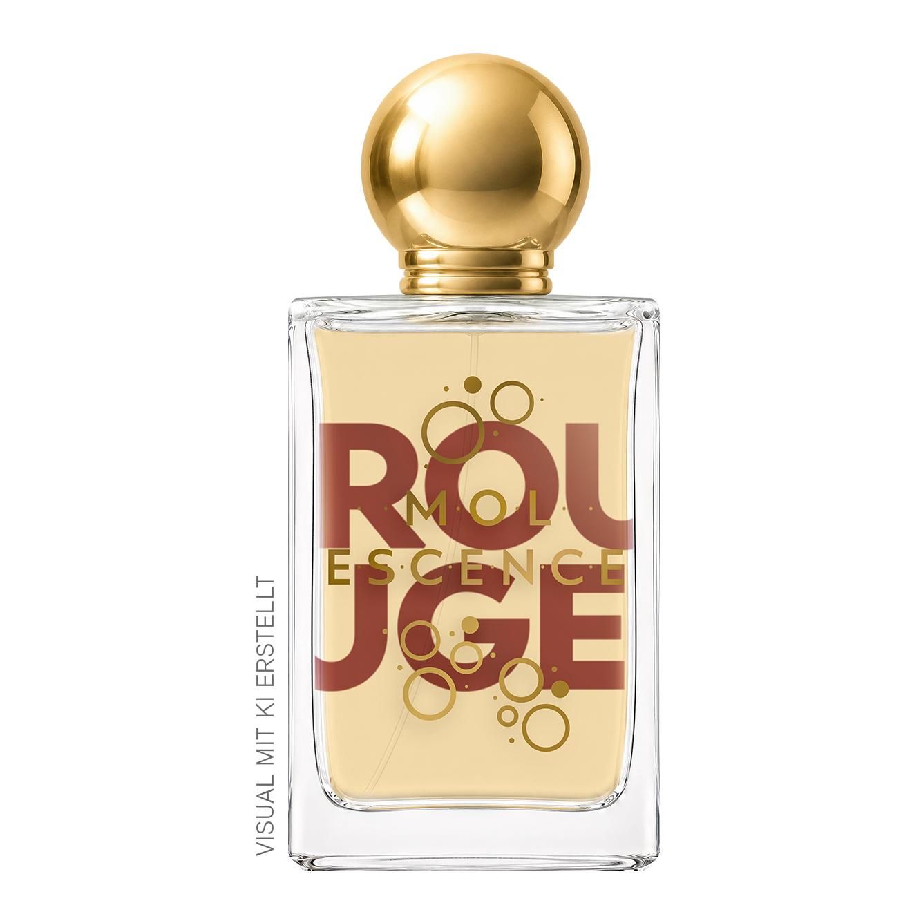 Klarer Glasflakon mit goldener Kappe, gefüllt mit hellem Parfüm. Roter Schriftzug "MolEscence Rouge" auf dem Etikett.