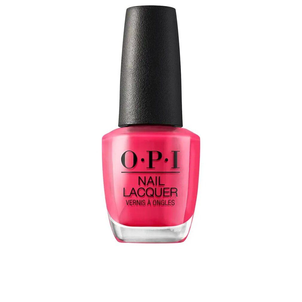 Nagellackflasche, pinkfarben, mit schwarzem Deckel. O.P.I. Nail Lacquer. Schriftzug und Logo.