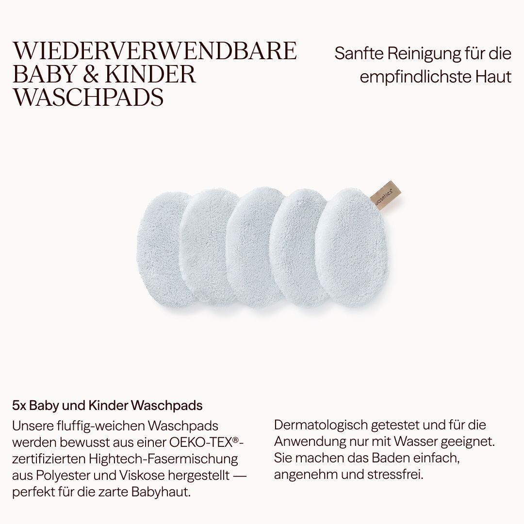 Fünf weiße, ovale Waschpads. Text: Wiederverwendbare Baby & Kinder Waschpads. Dermatologisch getestet und nur mit Wasser geeignet.