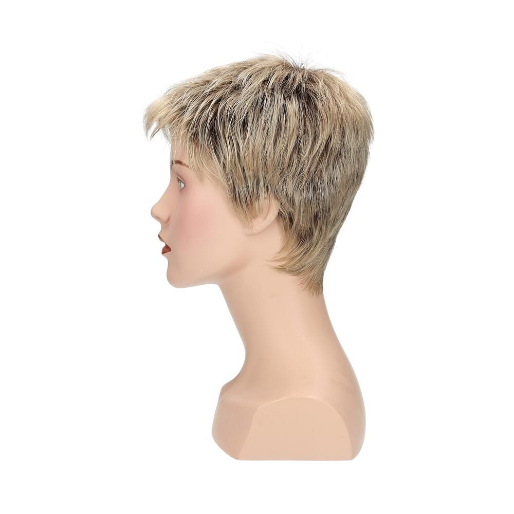 Perücke Dana von trendhair, blondiertes Kunsthaar, auf einem Schaufensterkopf. Seitenansicht.