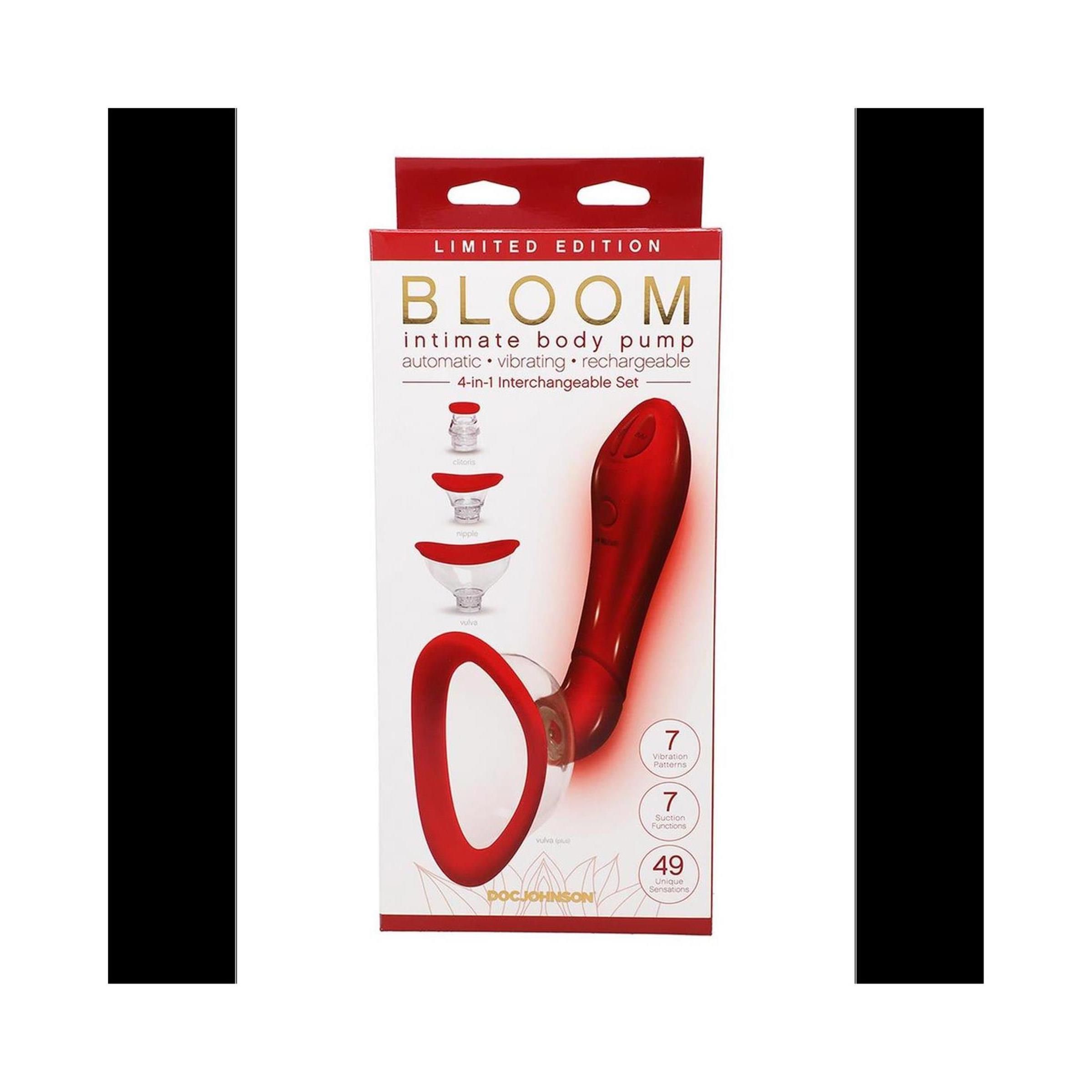 Verpackung mit rotem, automatischem, vibrierendem Body Pump. Enthält 4 austauschbare Teile. Aufschrift: BLOOM, 4-in-1 Interchangeable Set.