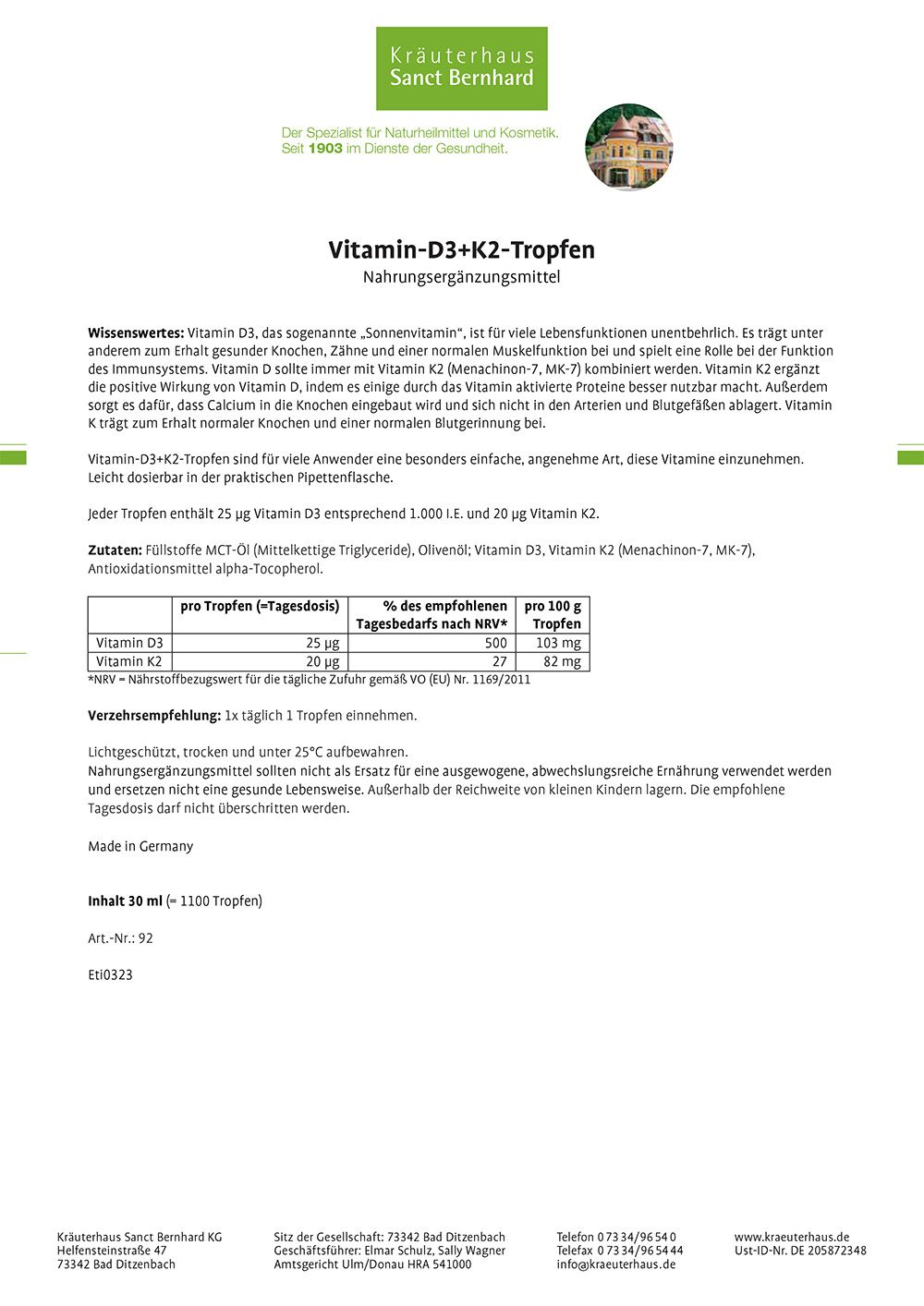 Sanct Bernhard Vitamin-D3+K2-Tropfen