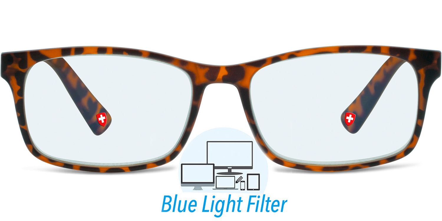 Brille mit braunem Rahmen und rechteckigen Gläsern. Rotes Kreuz-Logo an den Bügeln. Blaulichtfilter-Logo.