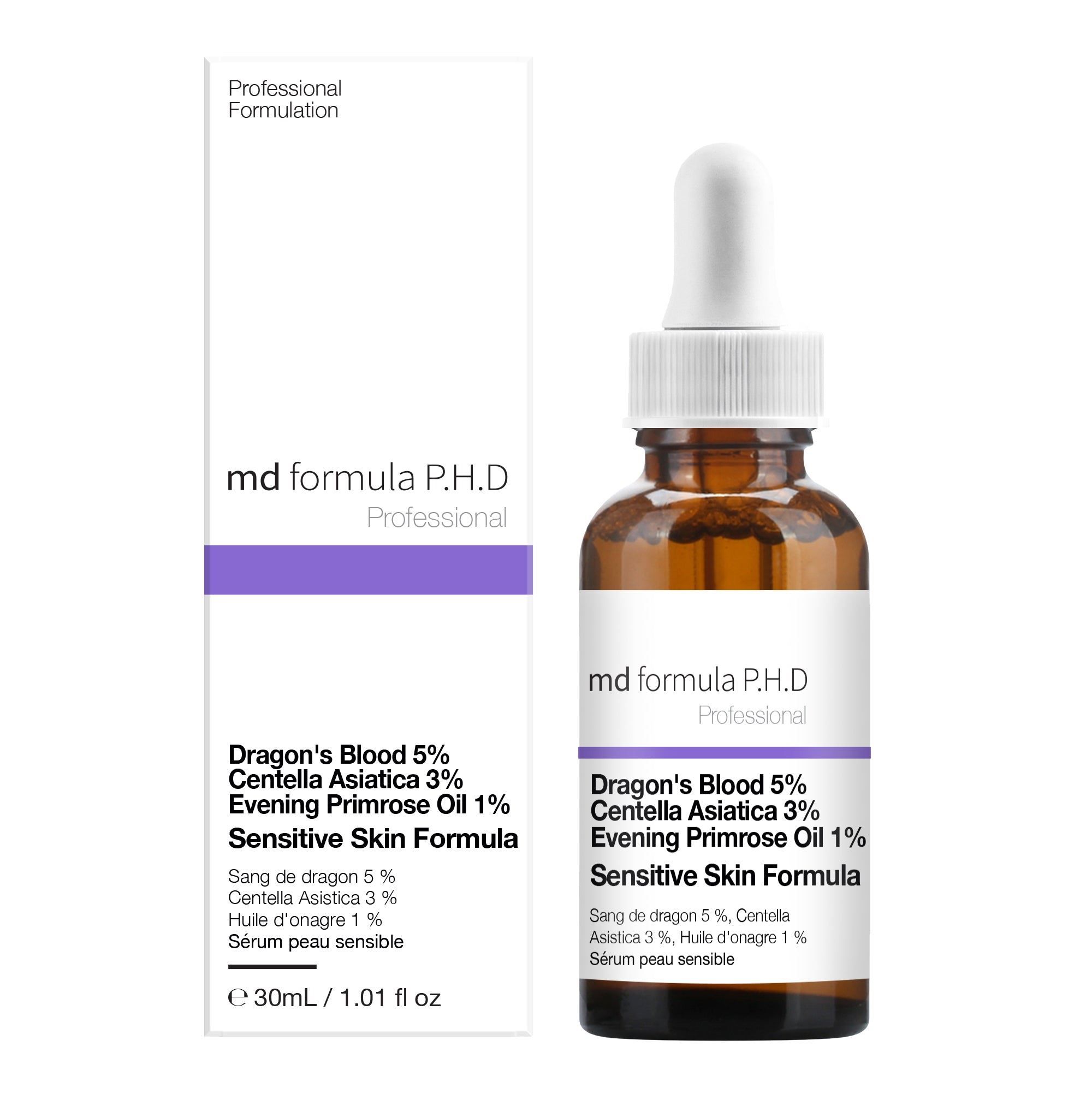 MD Formula P.H.D. Serumflasche mit Pipette und Umverpackung. Enthält Drachenblut 5%, Centella Asiatica 3%, Nachtkerzenöl 1%.