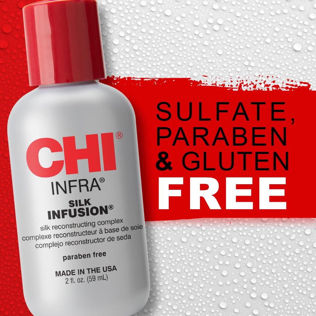 CHI Infra Silk Infusion Flasche mit Text: Sulfate, Paraben & Gluten Free.