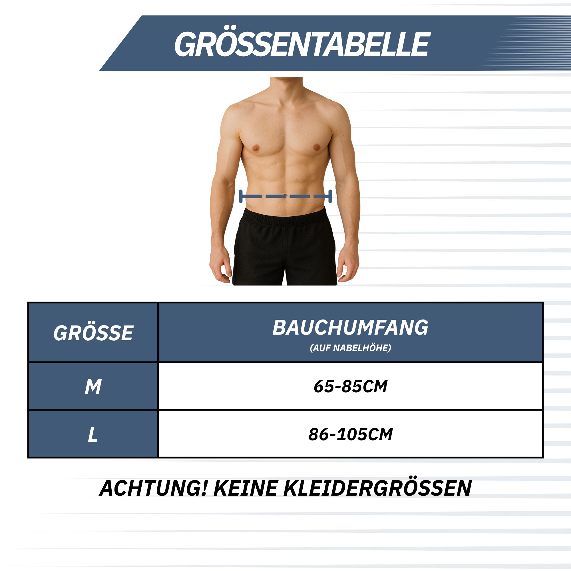 Größentabelle für Bauchumfang: M (65-85cm), L (86-105cm). Keine Kleidergrößen.