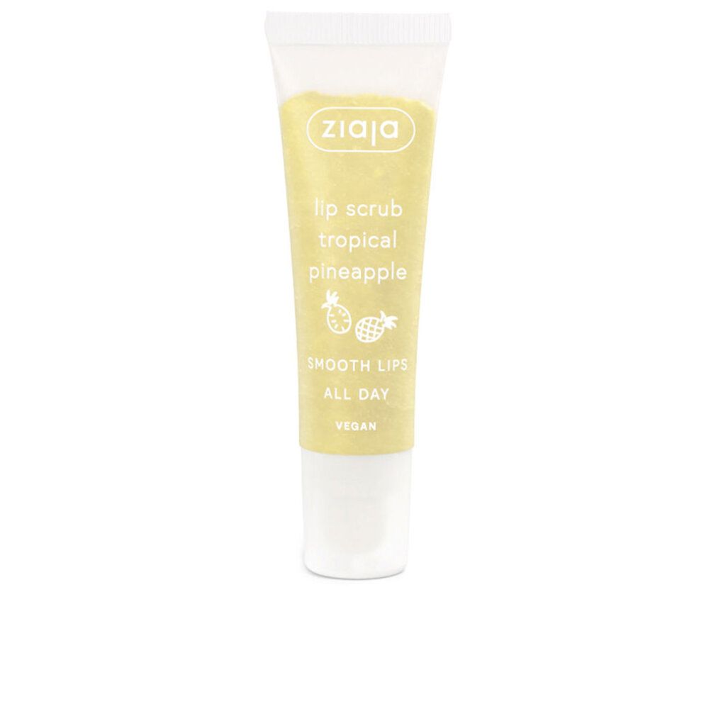 Ziaja Lip Scrub Tropical Pineapple. Transparente Tube mit gelbem Inhalt. Schriftzug und Ananas-Illustration.