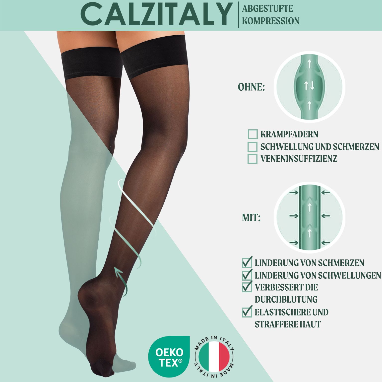 CALZITALY Strümpfe. Schwarze halterlose Kompressionsstrümpfe. Text: Oeko-Tex. Made in Italy. 