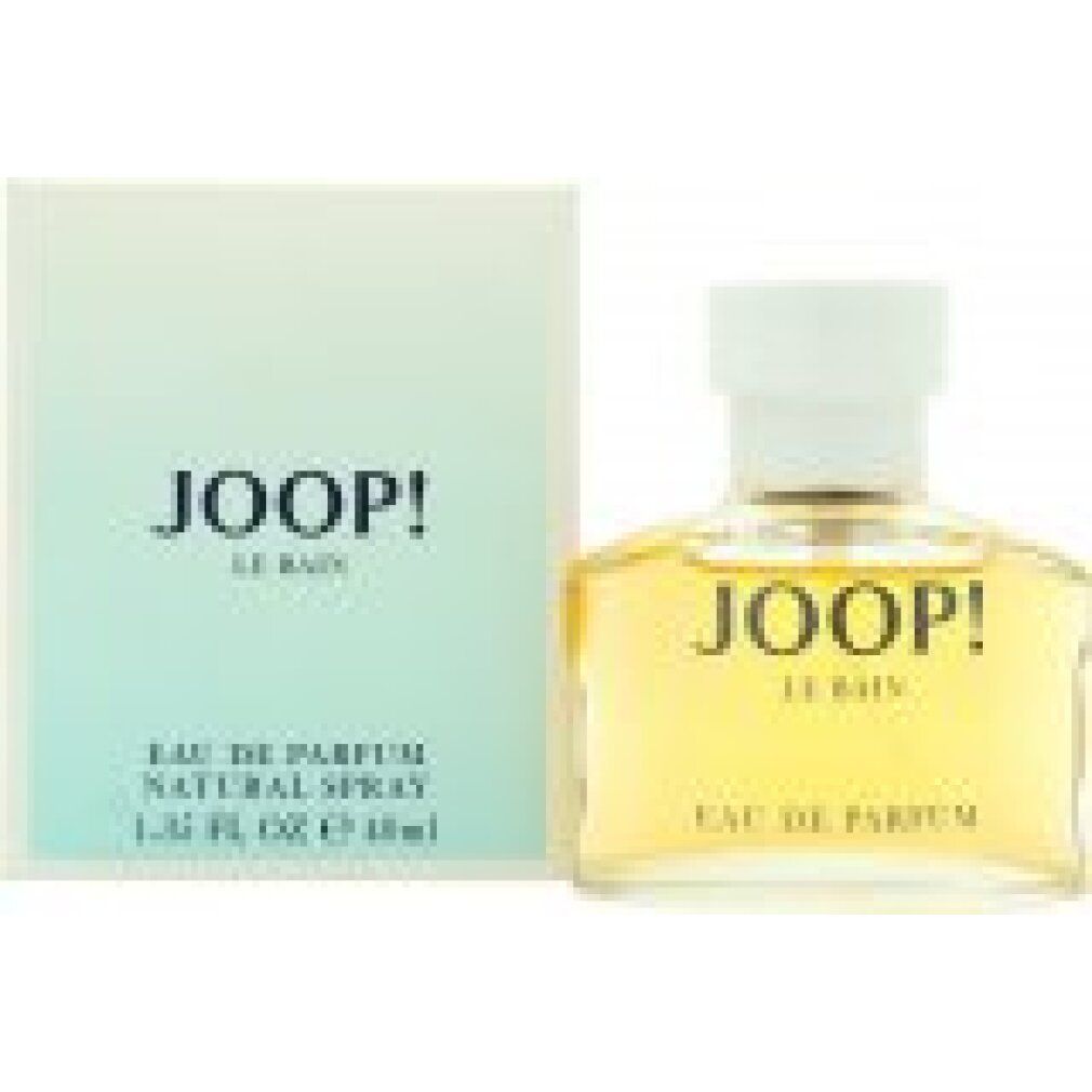 JOOP! Le Bain Eau de Parfum Flakon und Verpackung. Flakon mit gelber Flüssigkeit, weißer Verschluss. Verpackung weiß-blau.