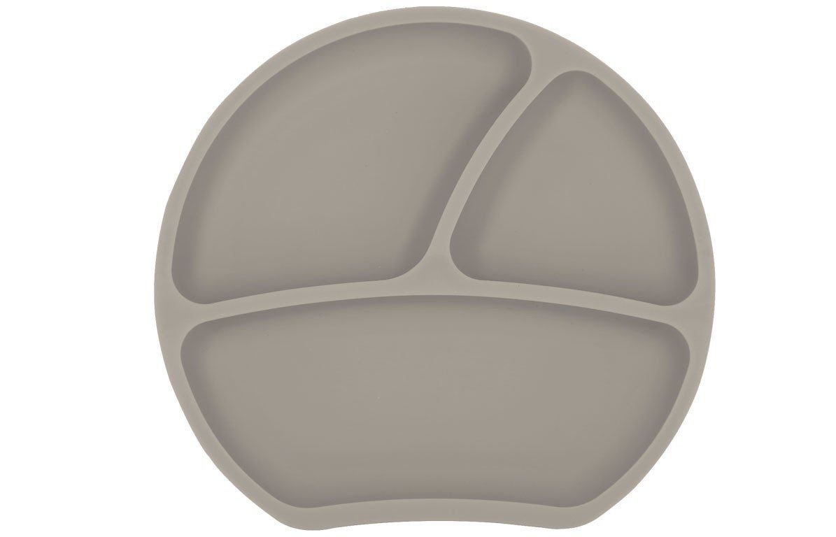 Taupe Teller mit drei Fächern. Runde Form, aus Silikon.