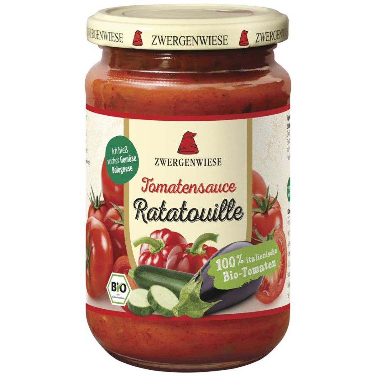 Zwergenwiese Tomatensauce Ratatouille im Glas mit Gemüseabbildung und Bio-Siegel.