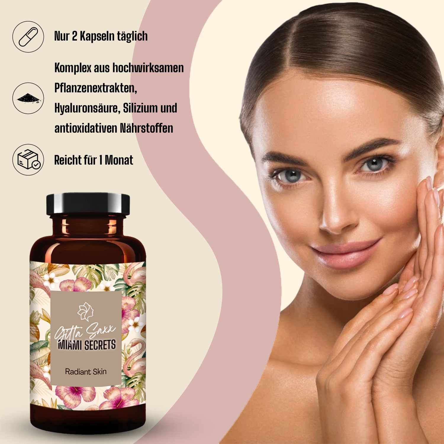 Braune Glasflasche mit Etikett: Gitta Saxx Miami Secrets Radiant Skin. Frau mit Haut. Text in Deutsch.