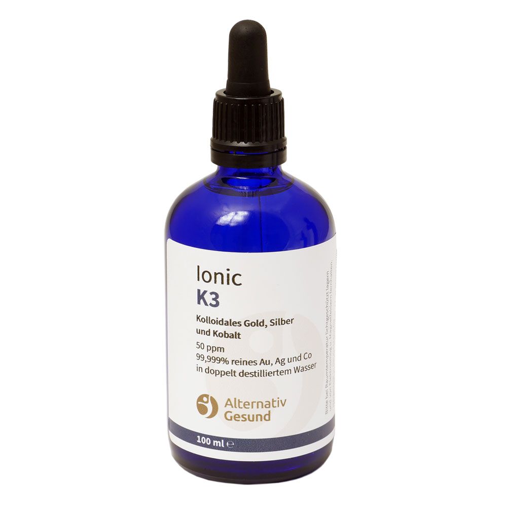 Blaue Glasflasche mit schwarzem Tropfer. Etikett mit "Ionic K3", "Alternativ Gesund" und Produktinformationen.