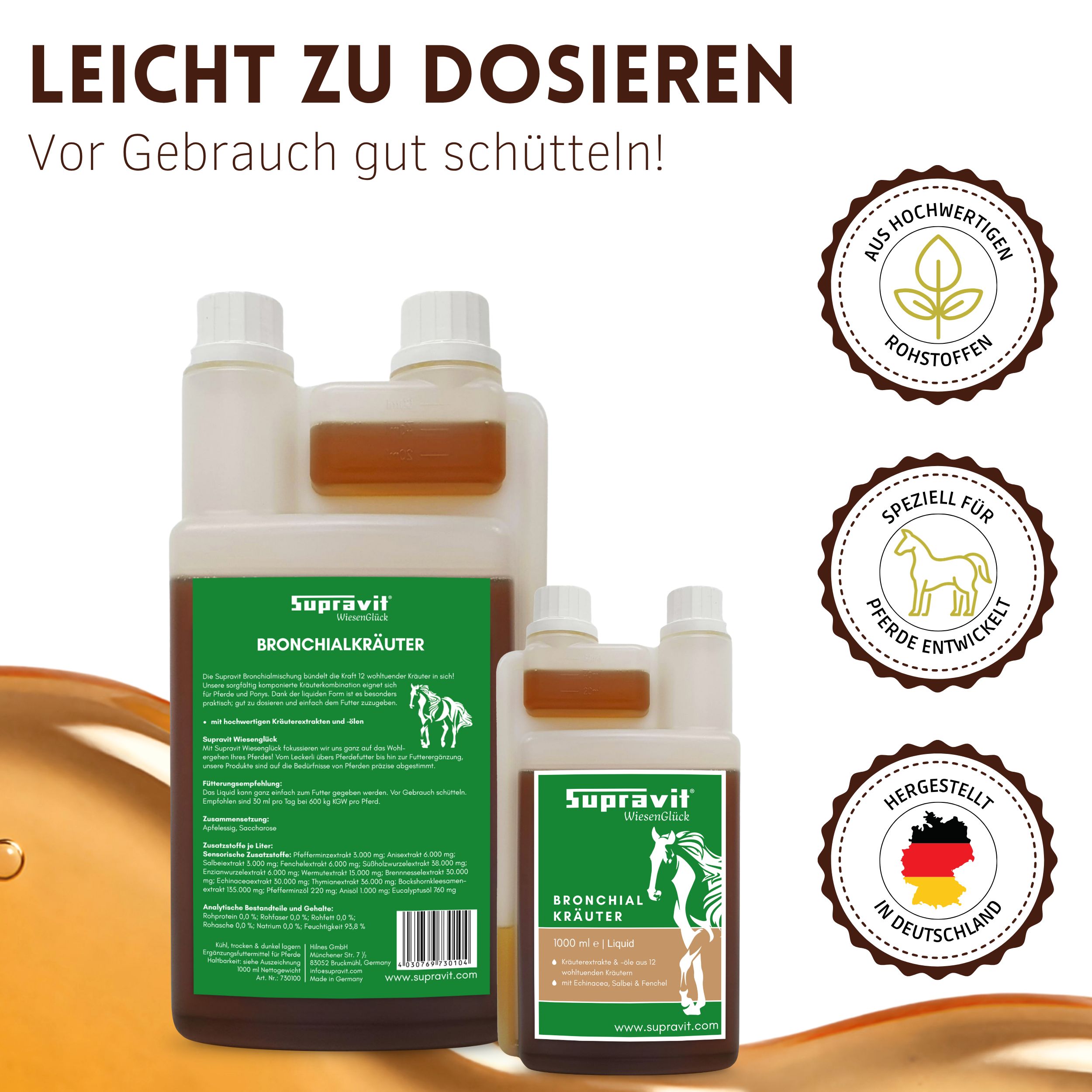 Zwei Produktflaschen mit Etikett. Auf dem Etikett steht "Supravit Bronchialkräuter".