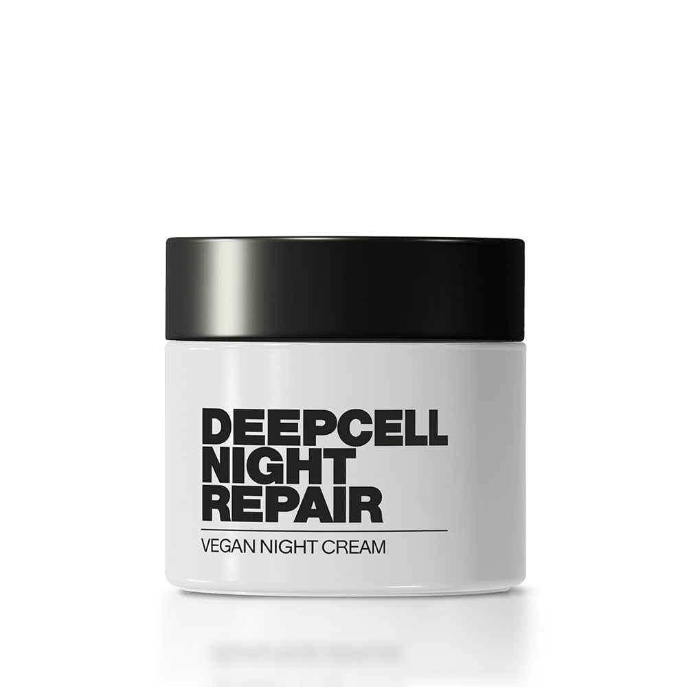 Weißes Tiegel mit schwarzem Deckel. Aufschrift: DEEPCELL NIGHT REPAIR, VEGAN NIGHT CREAM.