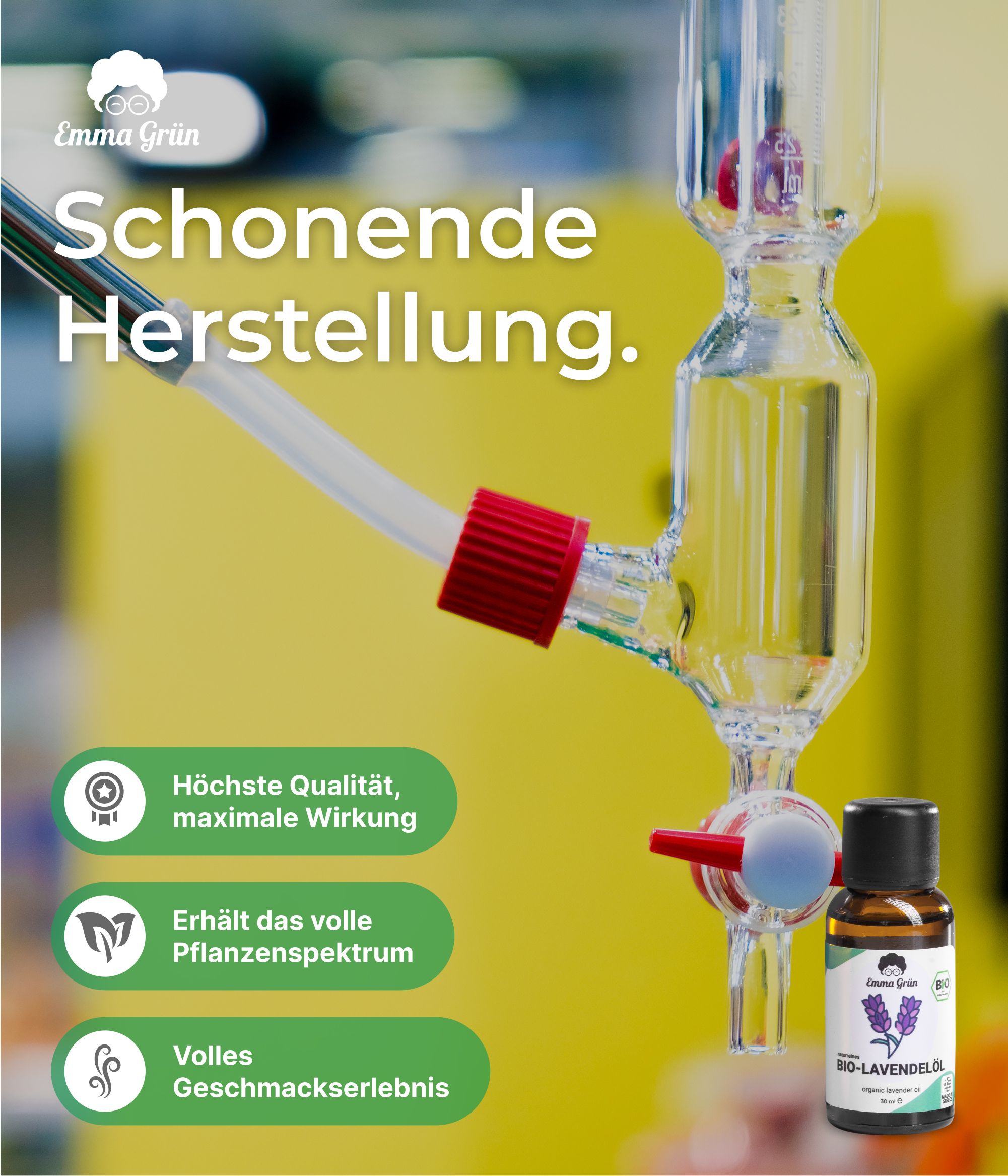 Laborgerät mit Flasche Bio-Lavendelöl. Text: Schonende Herstellung. Höchste Qualität, maximale Wirkung. Erhält das volle Pflanzenspektrum.