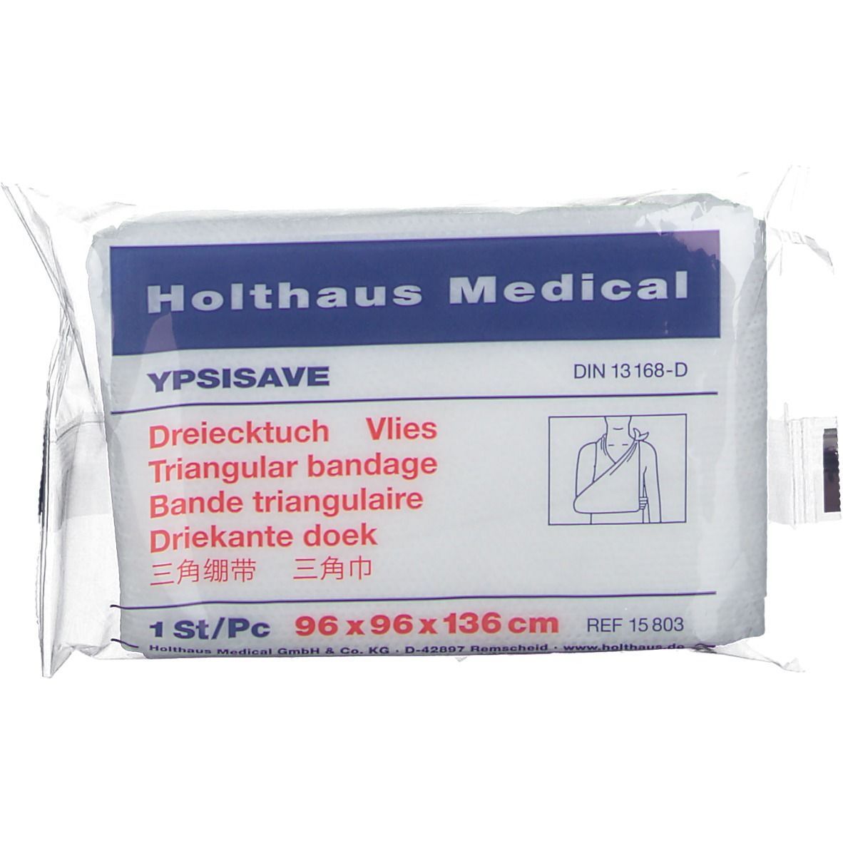 Verpackung mit Holthaus Medical YPSISAVE Dreieckstuch. Weißes Vlies, 96x96x136 cm. Abbildung zeigt Anwendung. DIN 13168-D.