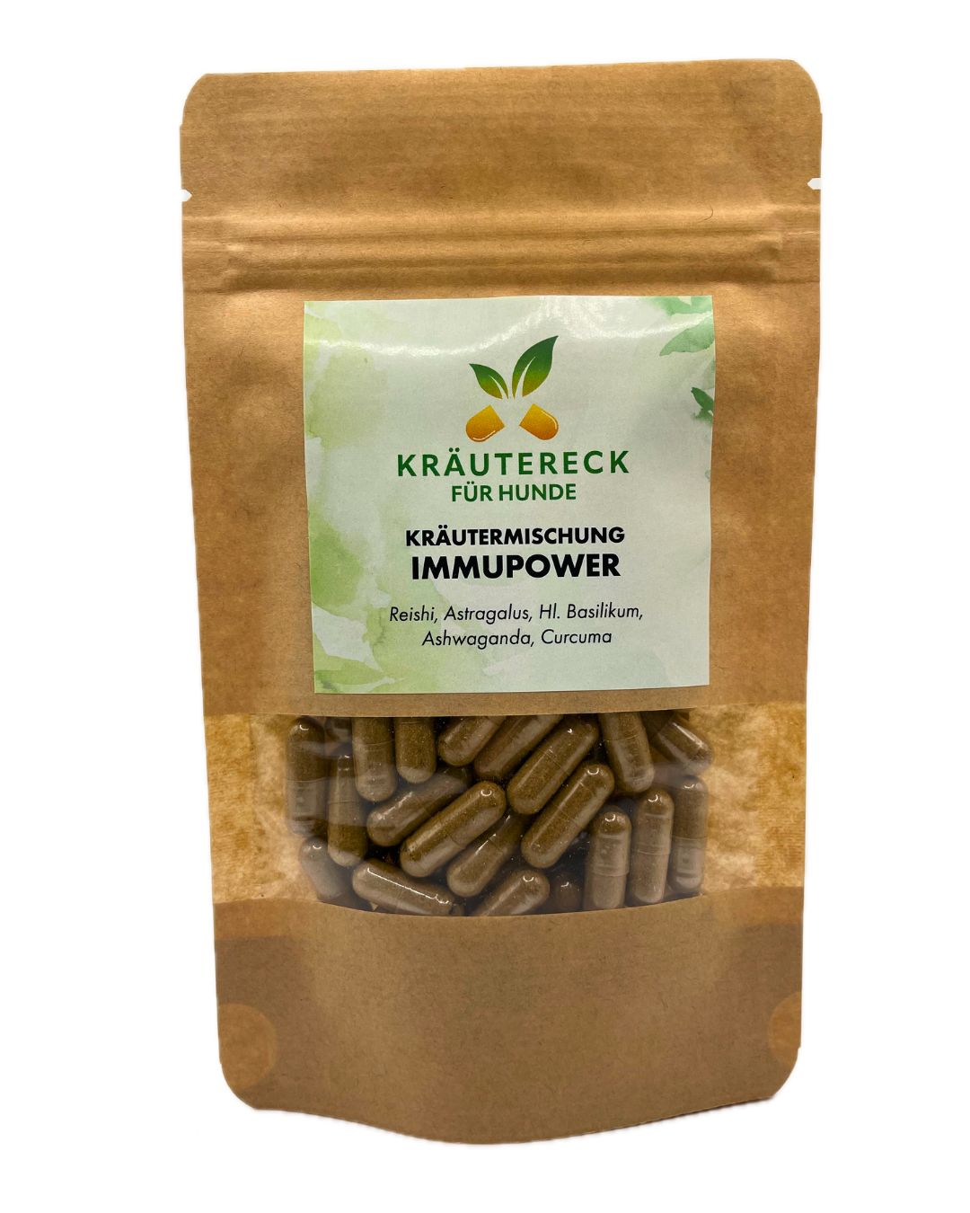 Beutel mit Kräuterkapseln. Sichtfenster zeigt Kapseln. Aufdruck: Kräutereck, ImmuPower, Inhaltsstoffe.