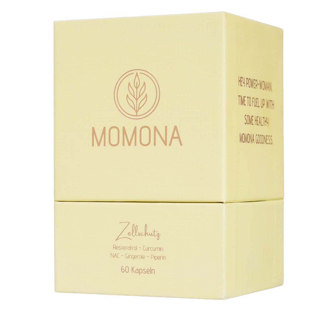Gelbe Schachtel mit Momona-Logo und Aufschrift Zellschutz. Enthält 60 Kapseln. Inhaltsstoffe: Resveratrol, Curcumin, etc.