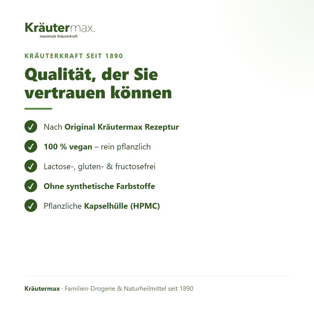 Kräutermax Qualitätsmerkmale: vegan, laktosefrei, glutenfrei, ohne Farbstoffe.