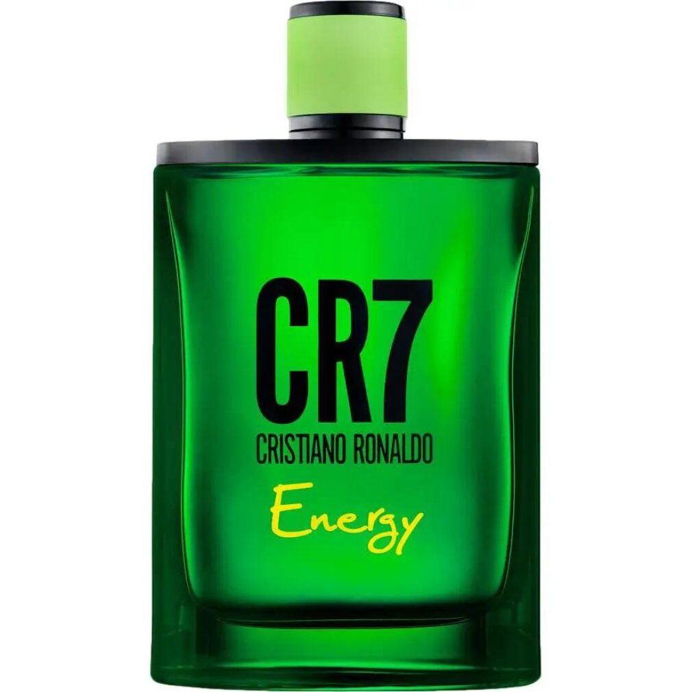 Grüne Glasflasche mit schwarzem und neongrünem Verschluss. Schwarzer Aufdruck: CR7, CRISTIANO RONALDO, Energy.