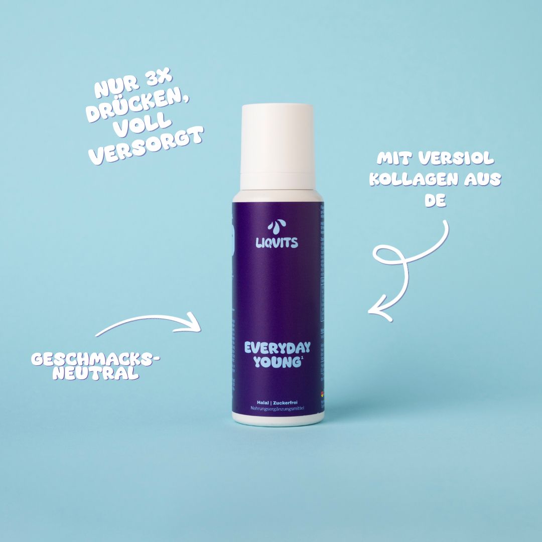 LiqVits Flasche. Lila Flasche mit weißem Deckel. Aufschrift: Everyday Young. Pfeile mit Text.