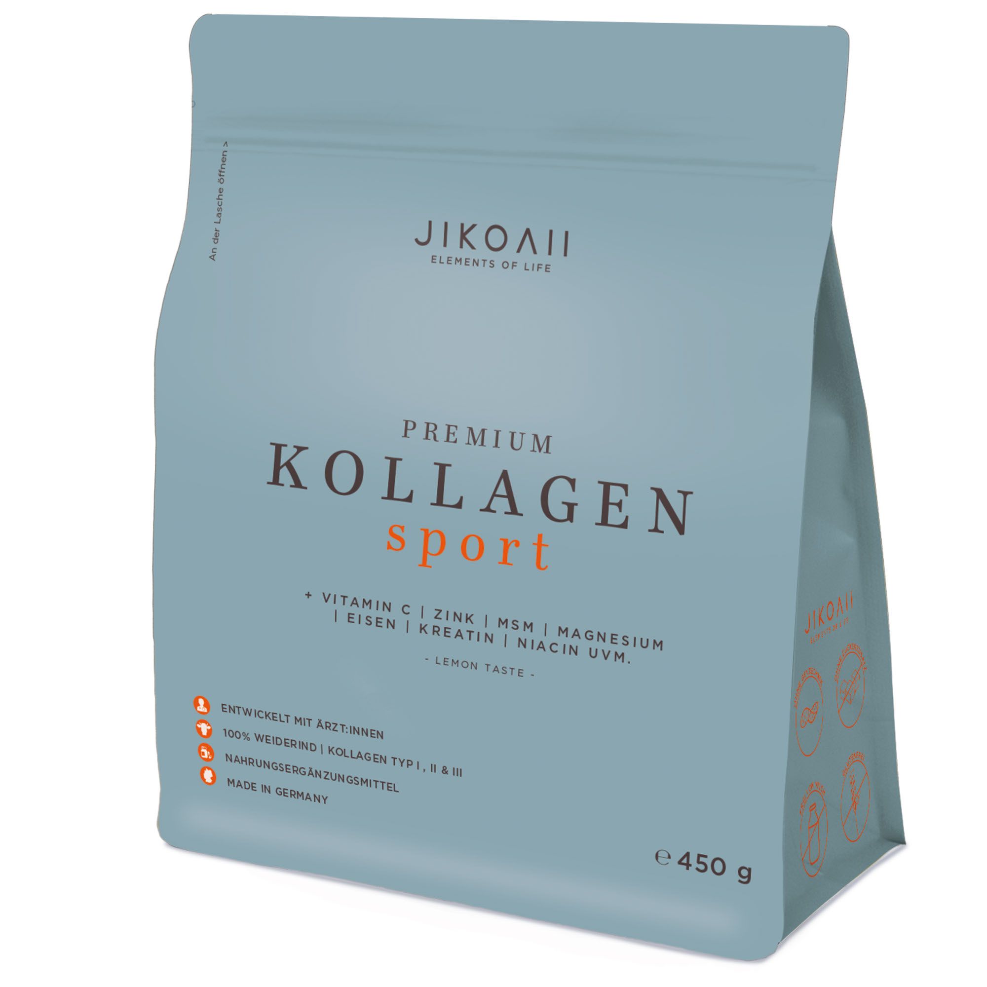 Blau-graue Tüte JIKOAII Premium Kollagen Sport. Enthält Vitamin C, Zink, Eisen, Magnesium, MSM, Niacin. Lemon Taste. 450g.