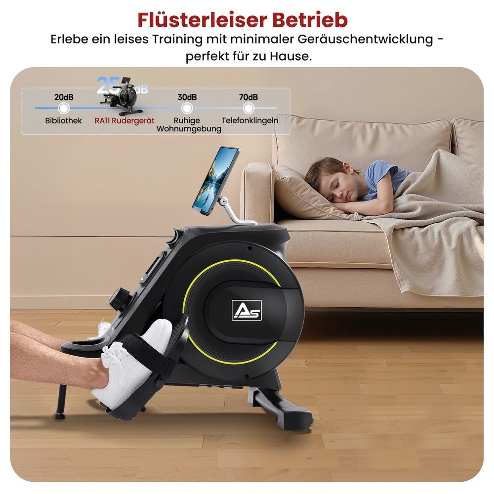 Nahaufnahme eines Rudergeräts, das leisen Betrieb und geringe Geräuschentwicklung hervorhebt.