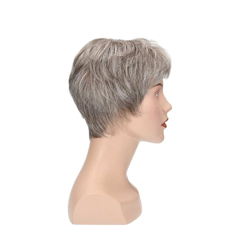 Perücke Lima auf einem Schaufensterkopf. Kurze, graue Haare. Seitenansicht.