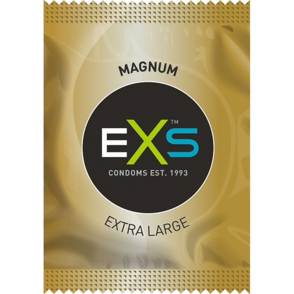 Einzelnes Kondom in goldener Folienverpackung. Aufdruck: EXS, Magnum, Extra Large. Schwarzes Logo auf grünem Hintergrund.