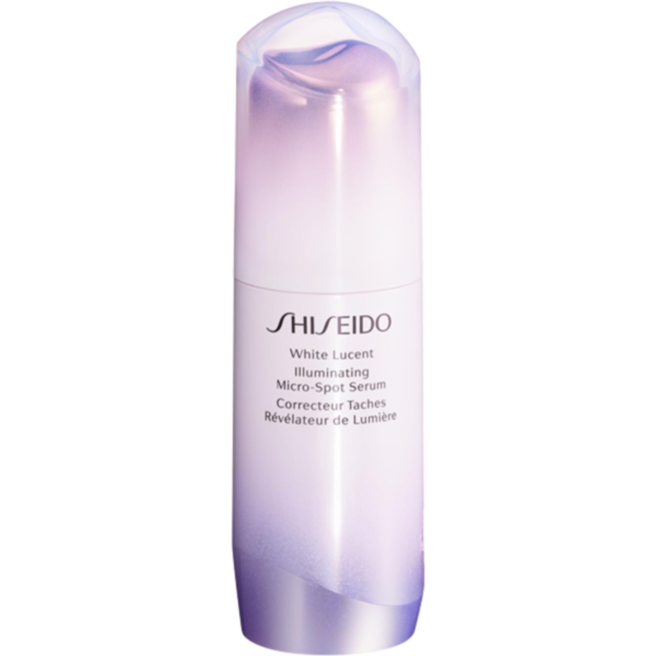 Shiseido White Lucent Serum. Weißer Flakon mit transparentem Deckel. Produktbezeichnung und Logo.
