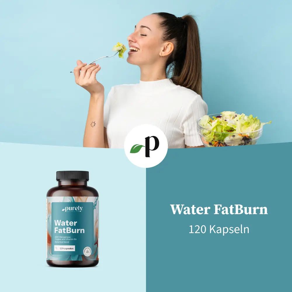 Flasche Purely Nutrition Water FatBurn (120 Kapseln) mit Text 'Reduzieren Sie das Gefühl der Aufgeblähtheit'.