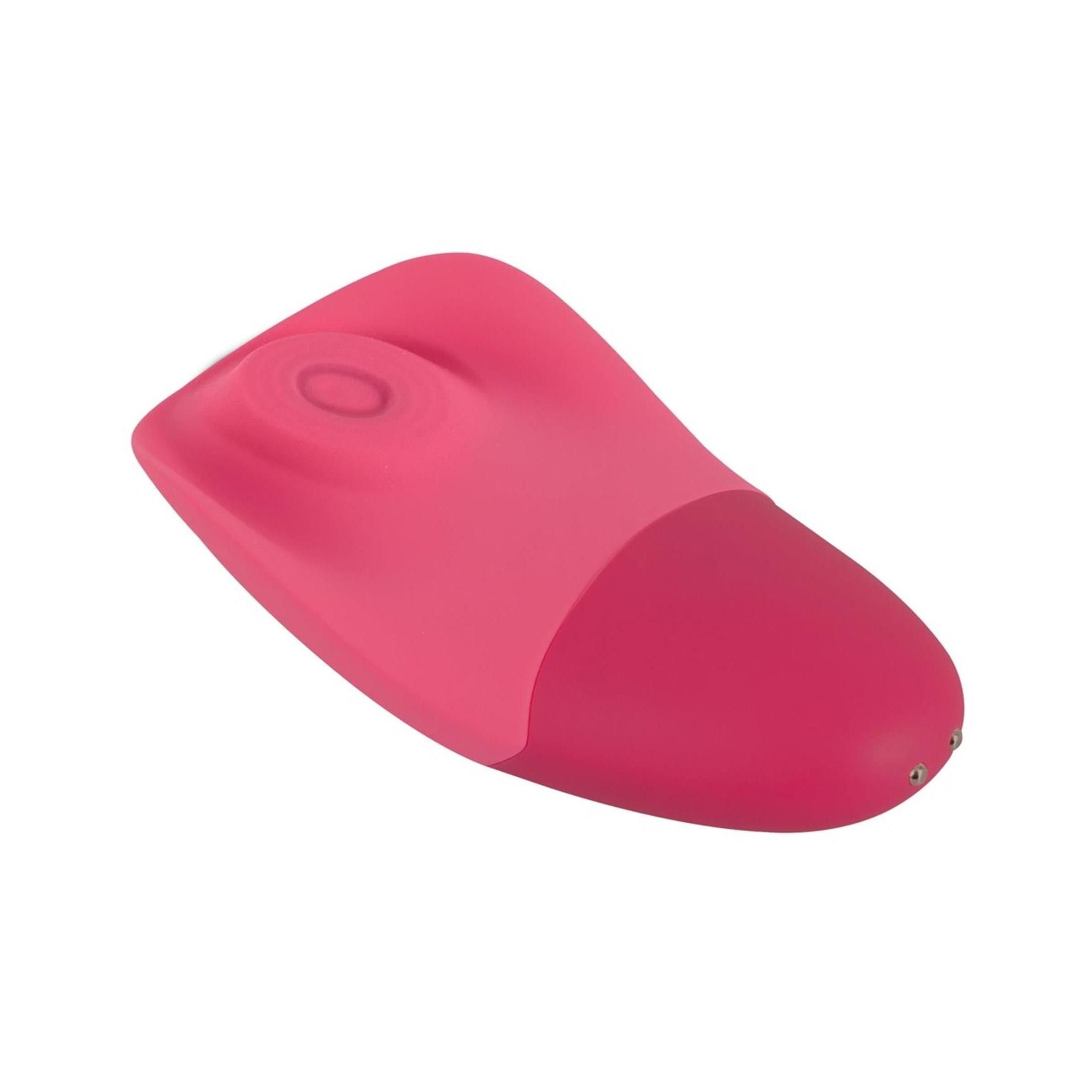 Rosa Vibrator, abgerundete Form. Zwei farbliche Bereiche. Oberteil mit erhabenen Elementen.