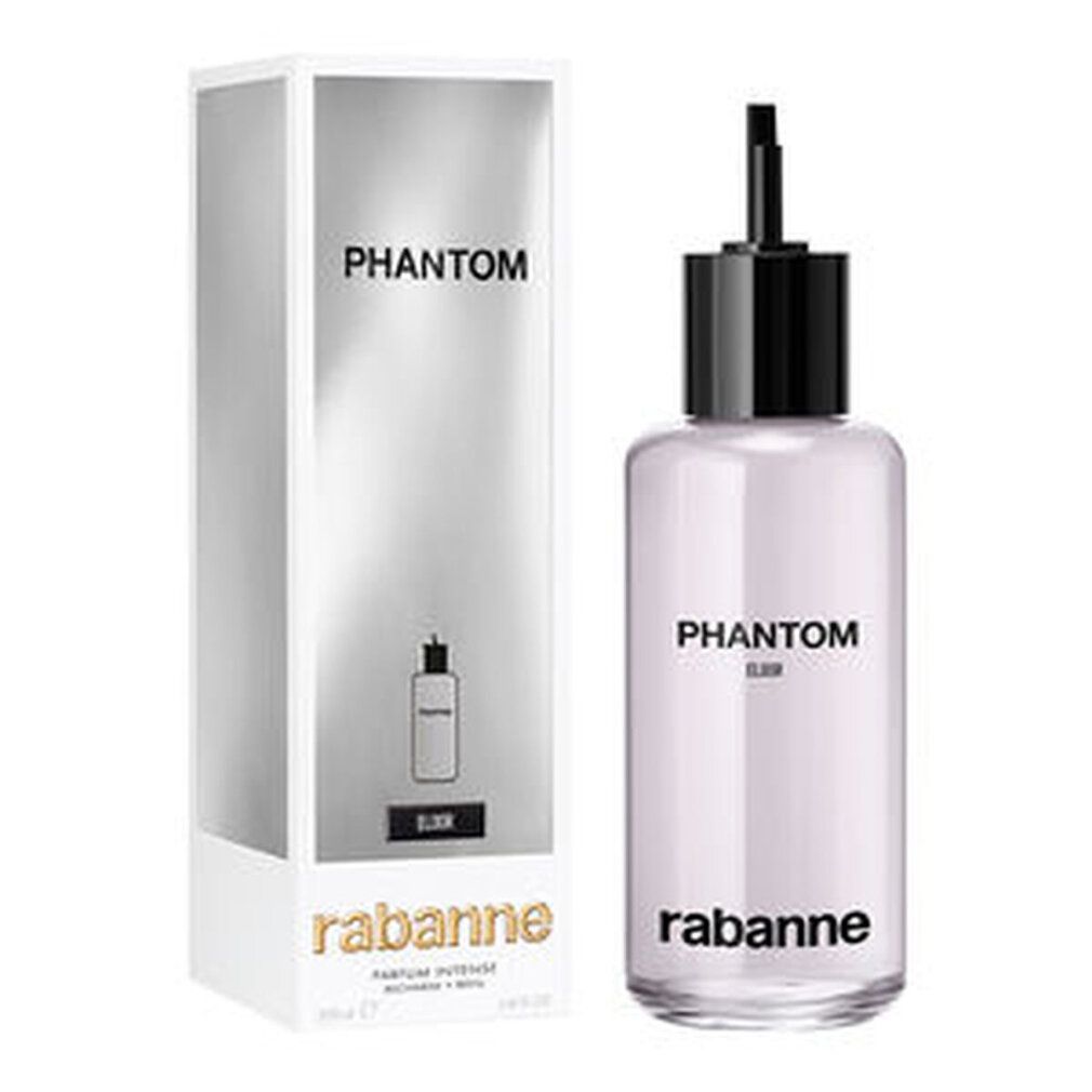 Produkt mit Verpackung. Flakon mit schwarzem Verschluss und Karton. Aufschrift "PHANTOM ELIXIR" und "rabanne".