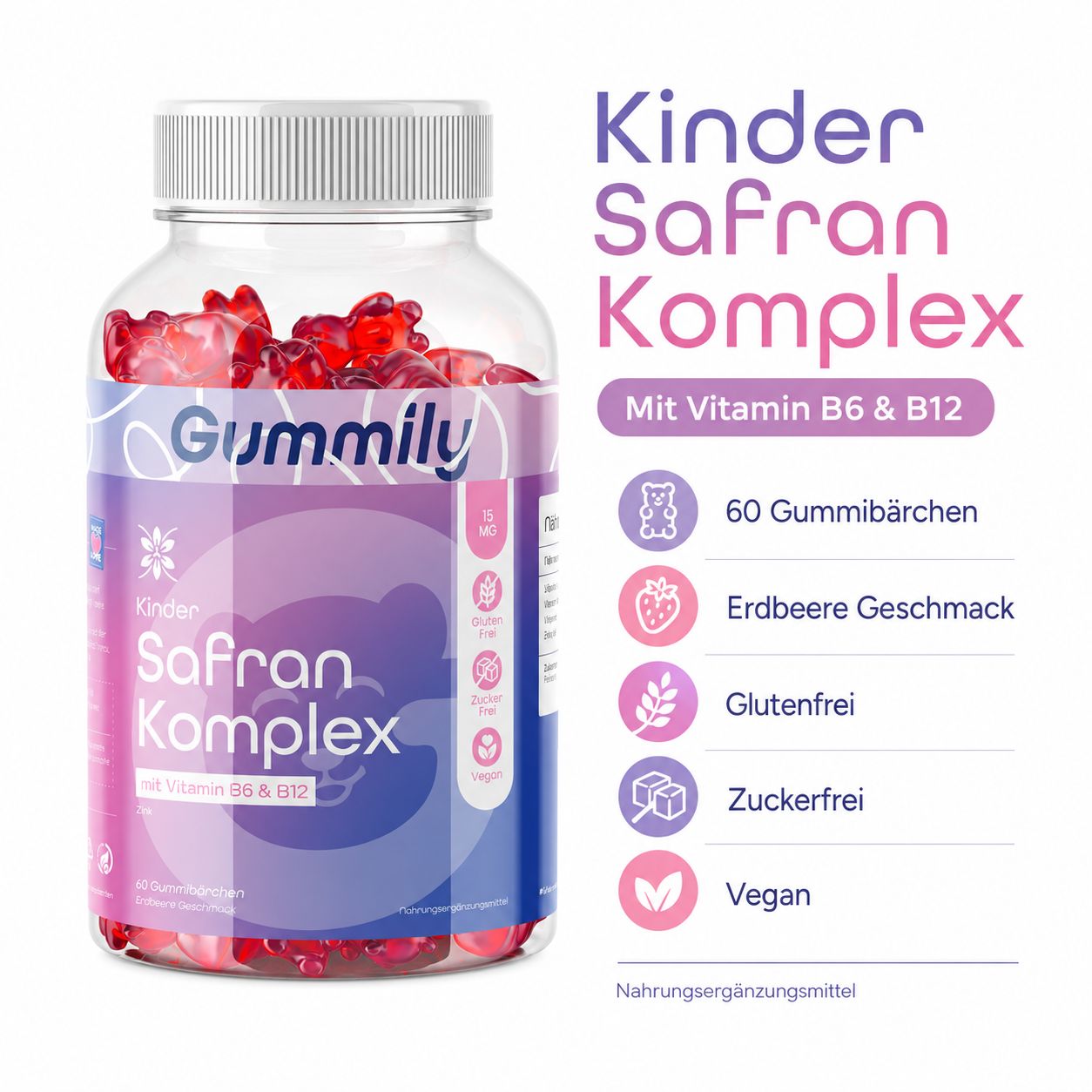 Gummily Kinder Safran Komplex Flasche mit 60 Gummibärchen, Erdbeergeschmack, glutenfrei, vegan.