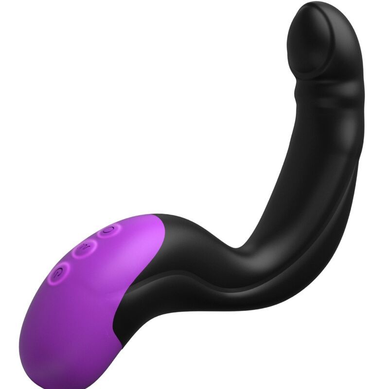 Schwarzer, geschwungener Vibrator mit lila Bedienfeld und drei Knöpfen. Ergonomisches Design.