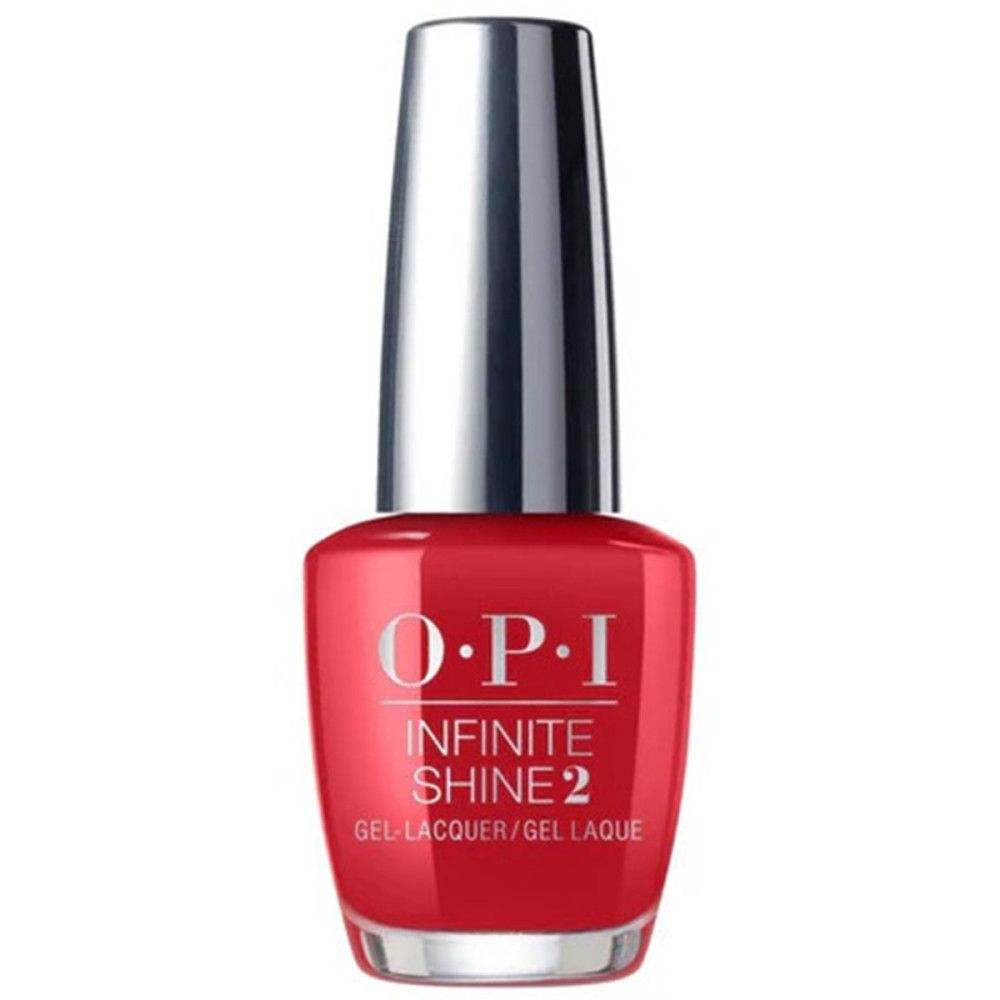 Rote Nagellackflasche mit silbernem Deckel. OPI Infinite Shine 2. Gel-Lack.