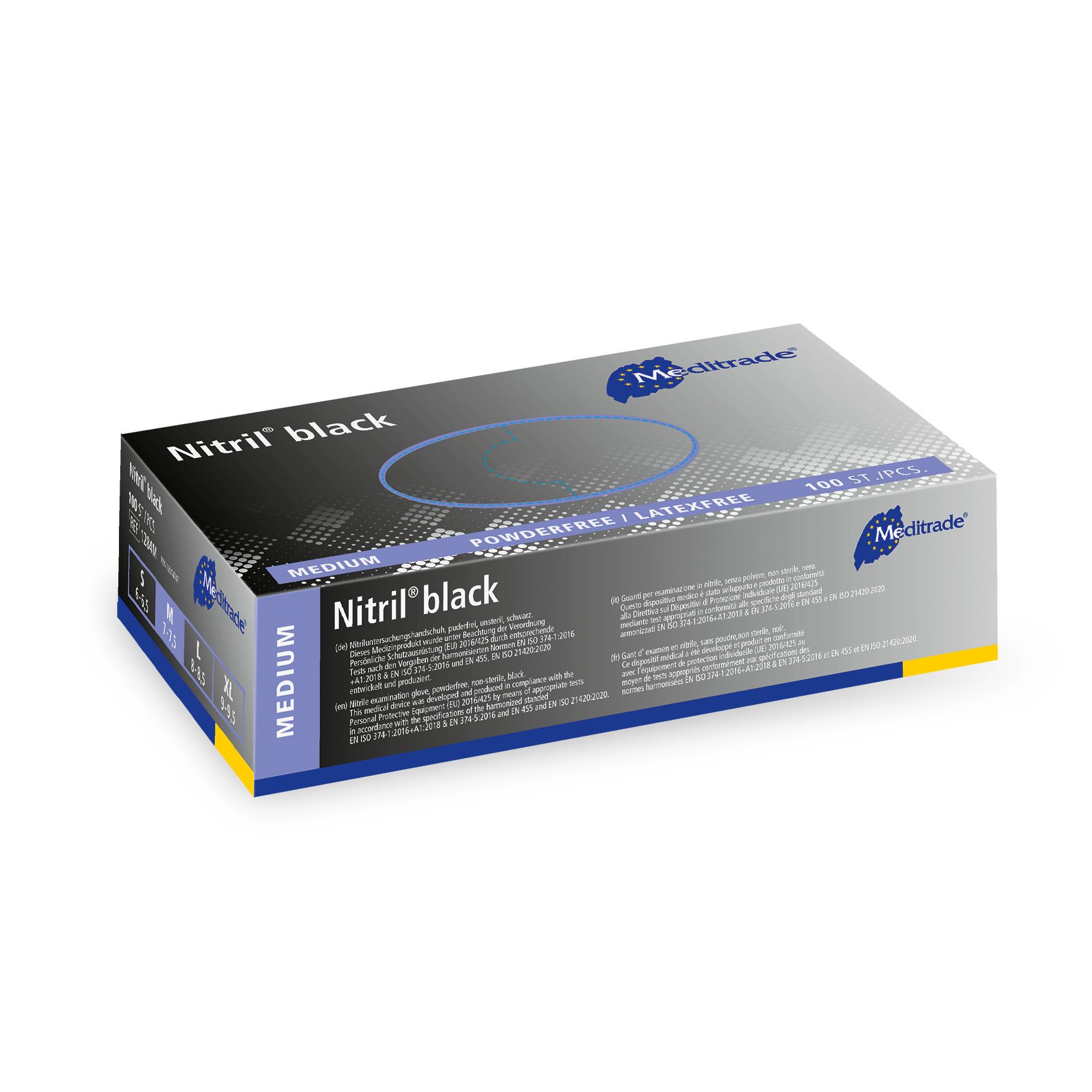 Meditrade-Box mit schwarzen Nitril-Einmalhandschuhen. Aufschrift: Nitril black, Medium. Blaue und gelbe Akzente. 100 Stück.
