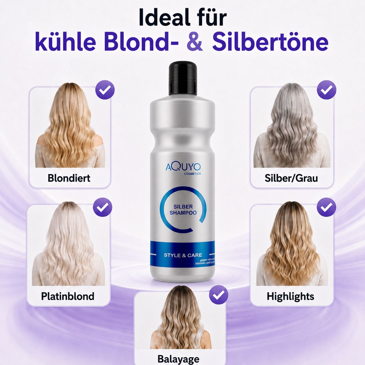 Silber Shampoo-Flasche. Haartypen-Illustrationen: Blond, Silber/Grau, Platinblond, Highlights, Balayage. Text: Ideal für kühle Blond- & Silbertöne.