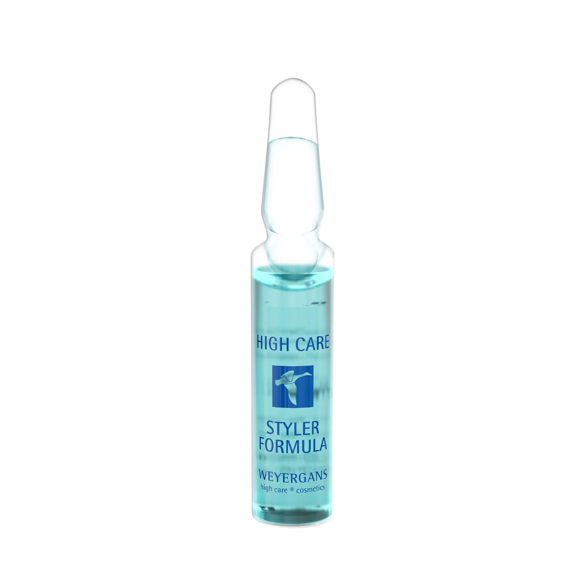 Ampulle mit blauer Flüssigkeit. Beschriftung: High Care, Styler Formula, Weyergans. Logo: Vogel.