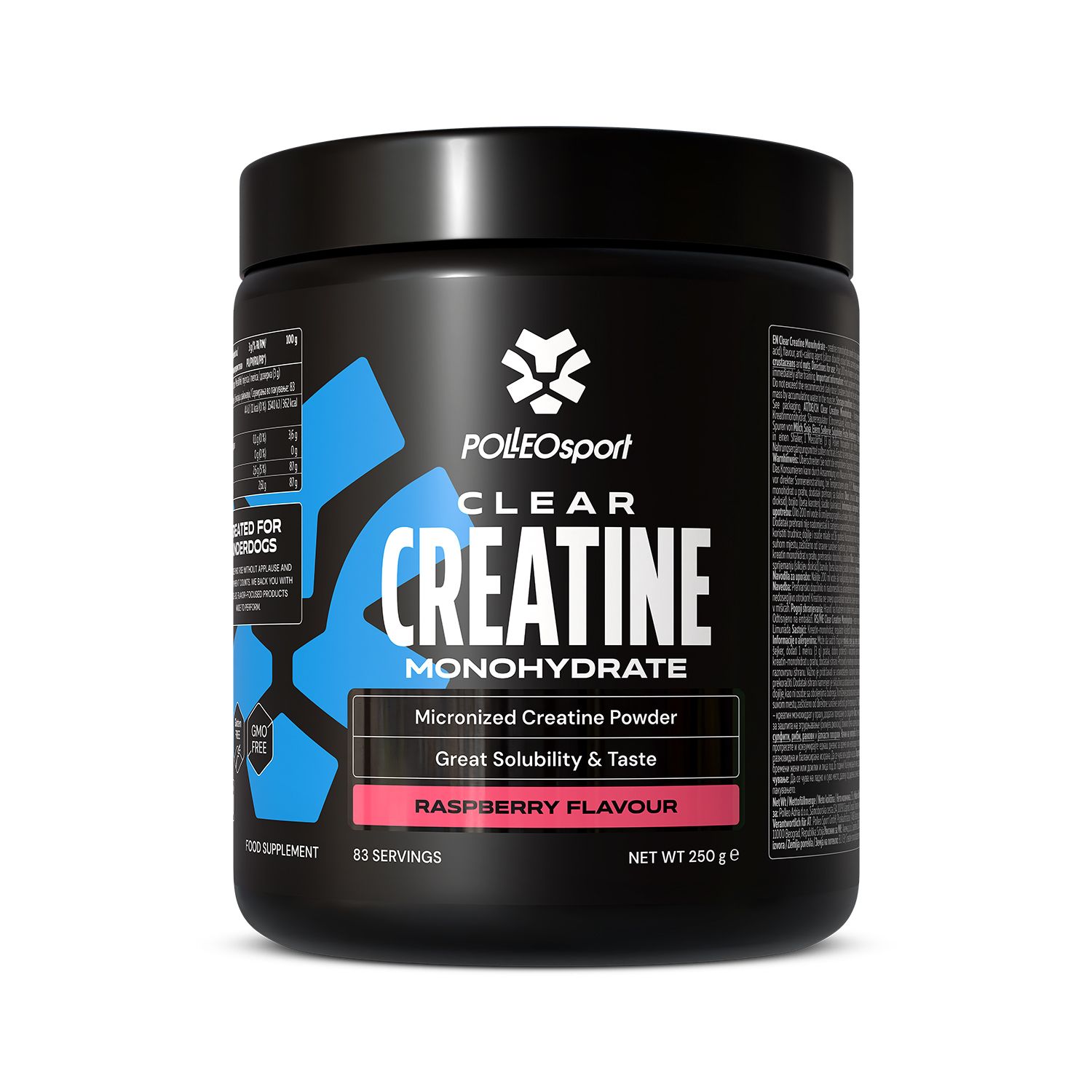 Schwarzer Behälter mit PolleoSport Clear Creatine. Blaue und rosa Etiketten mit Text. Aufschrift: Clear Creatine Monohydrate. Himbeergeschmack. 250g.