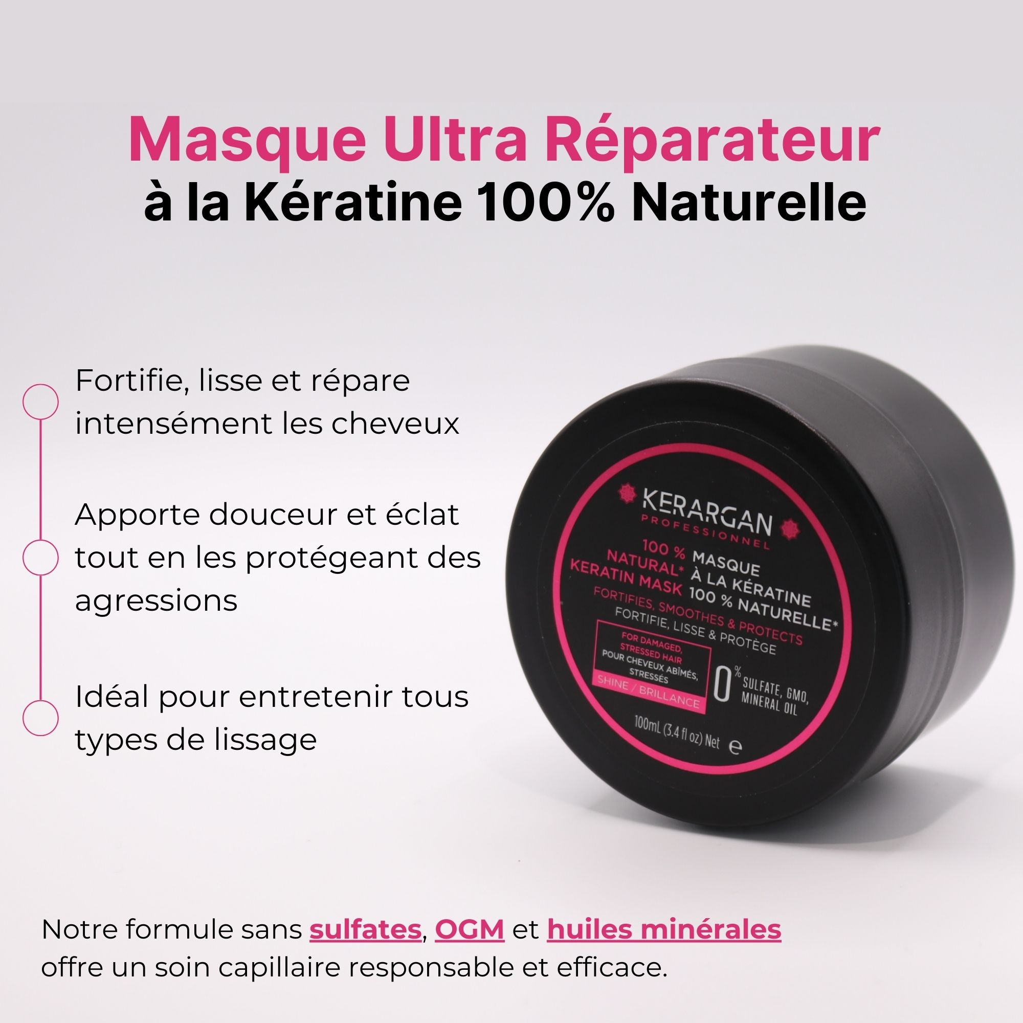 Pot noir avec texte. Masque Ultra Réparateur à la Kératine. Fortifie, lisse, répare. Pot sur fond blanc.