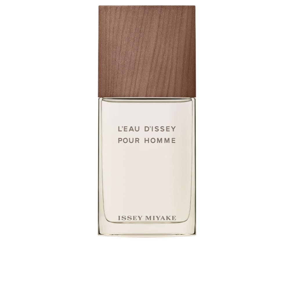Rechteckiger Flakon mit Holzdeckel. Aufschrift: L'EAU D'ISSEY POUR HOMME und ISSEY MIYAKE.